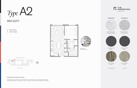 Floor plan for 1 bed, 1 bath, 801 sqft